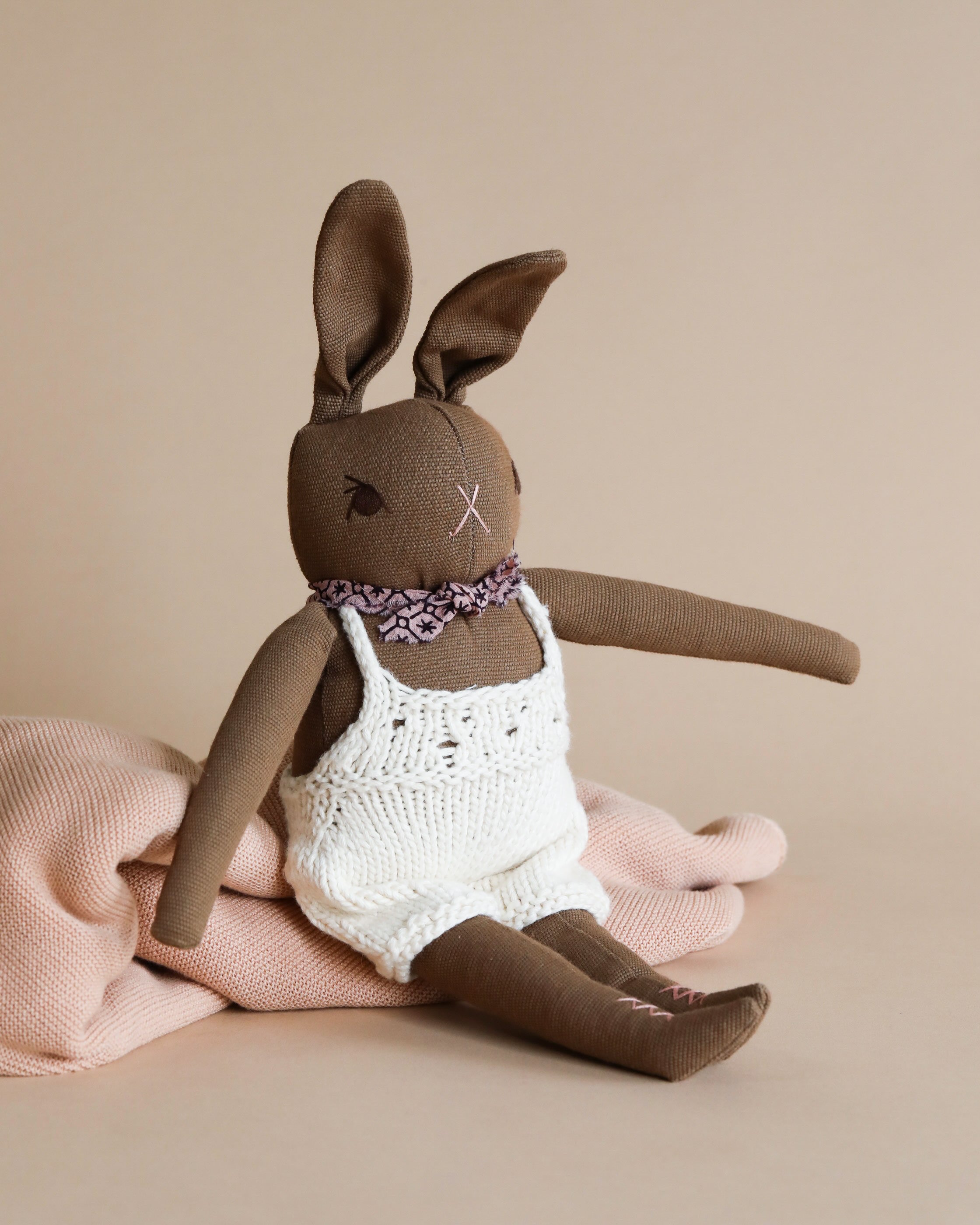 Brown Rabbit in Hand Knit Overalls