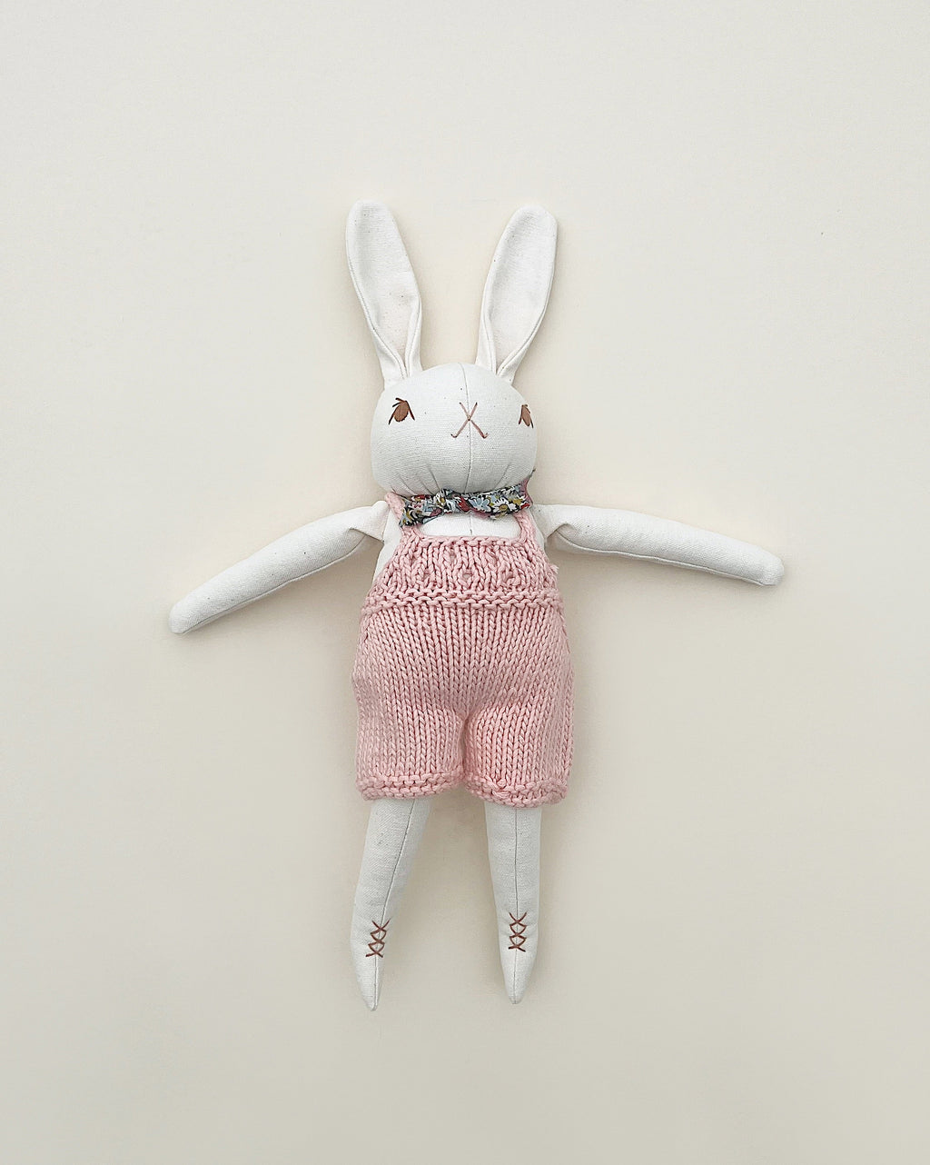 Cream Rabbit in Hand Knit Overalls