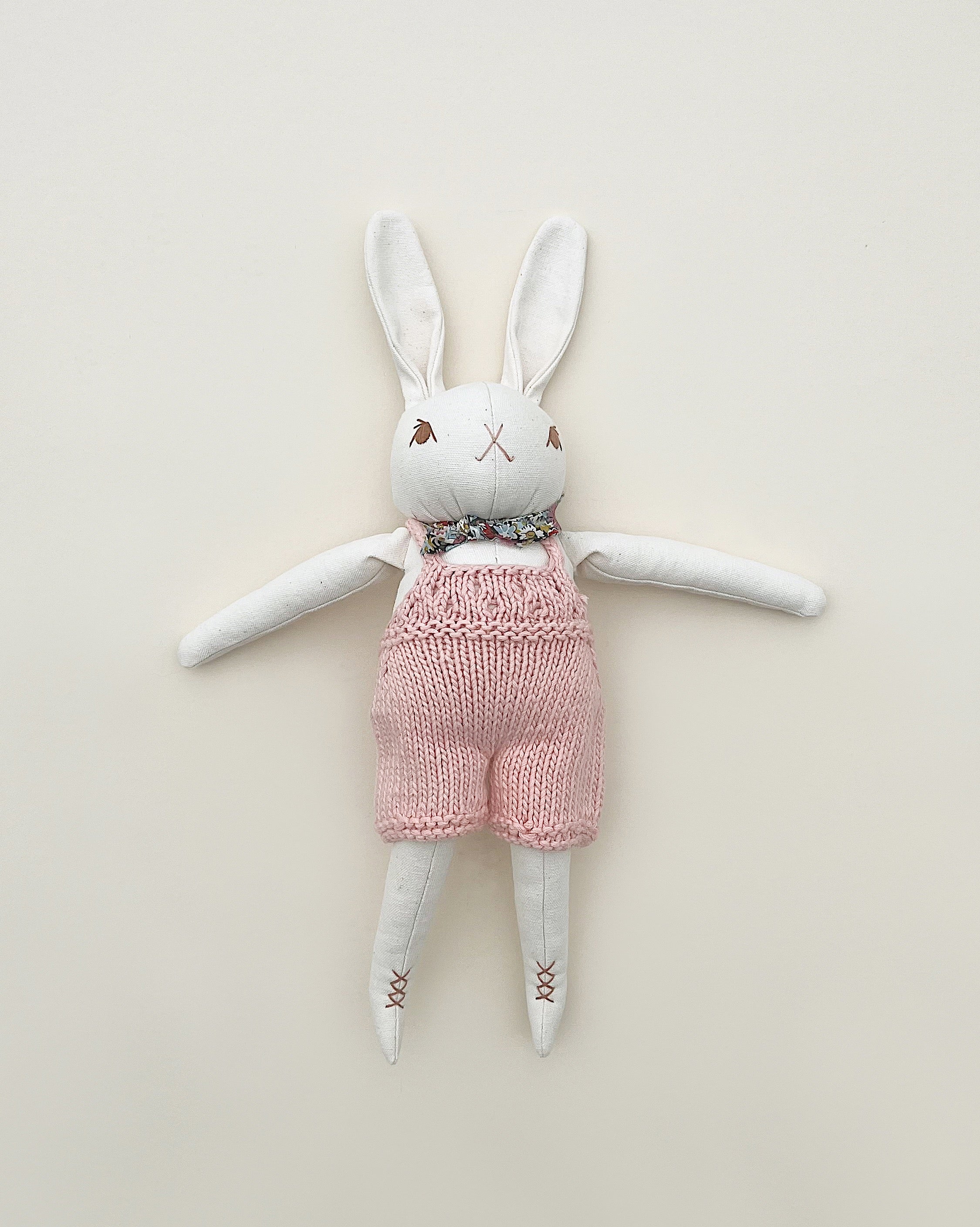 Cream Rabbit in Hand Knit Overalls