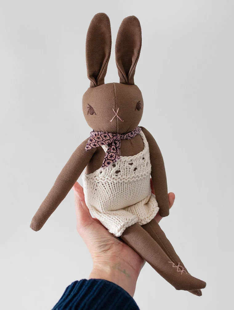 Brown Rabbit in Hand Knit Overalls