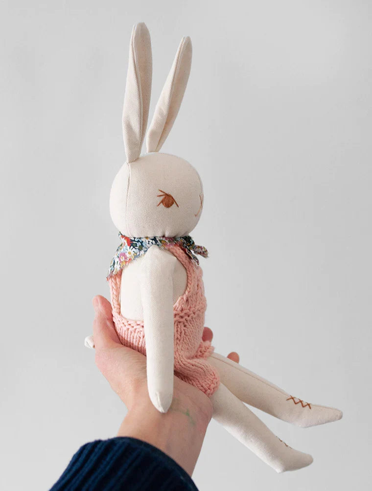 Cream Rabbit in Hand Knit Overalls