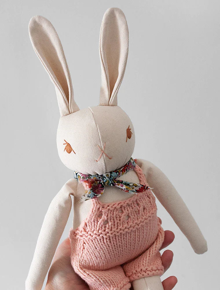 Cream Rabbit in Hand Knit Overalls
